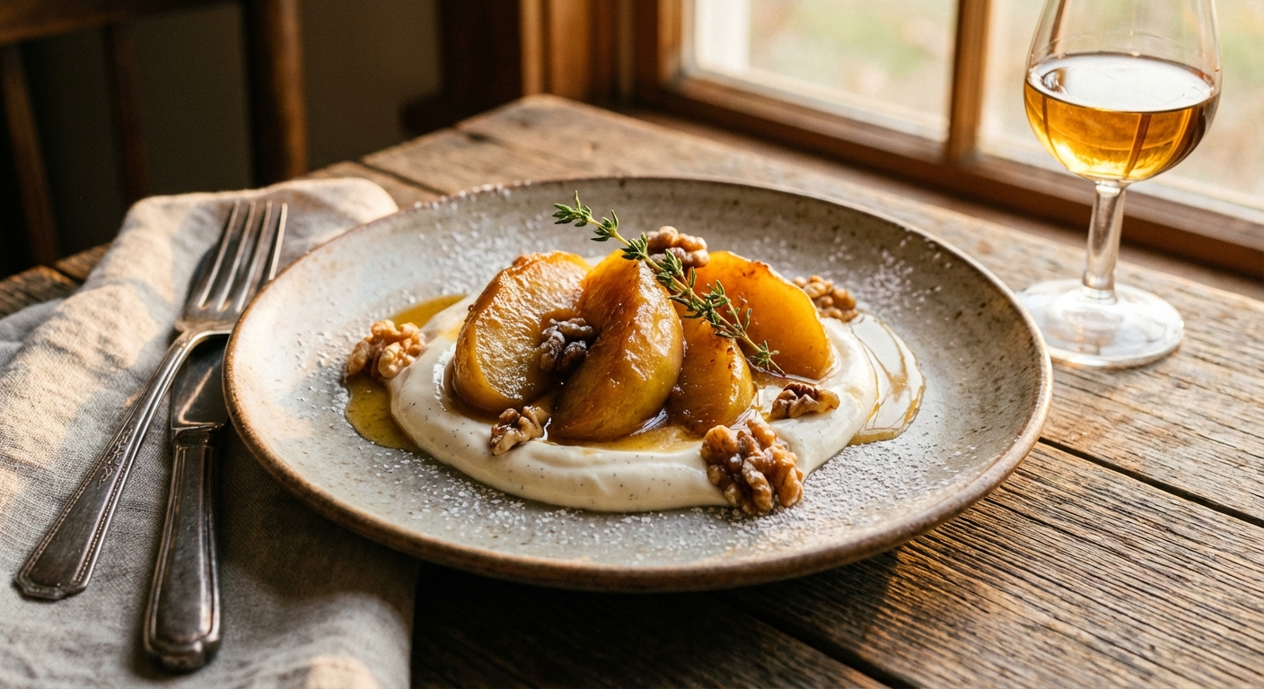 Plated sautéed apples with vanilla cream