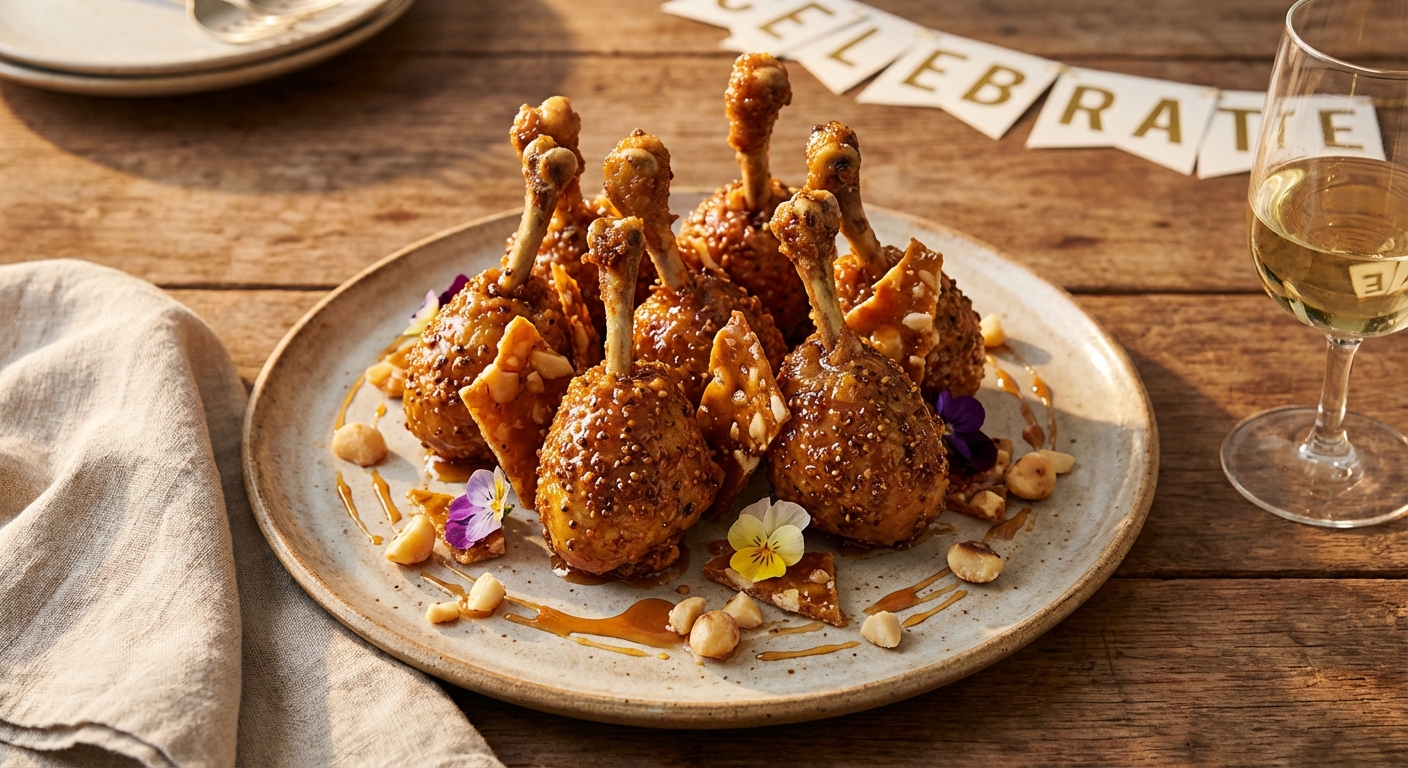 The final Candied Wattleseed Chicken Lollipops with Macadamia Toffee