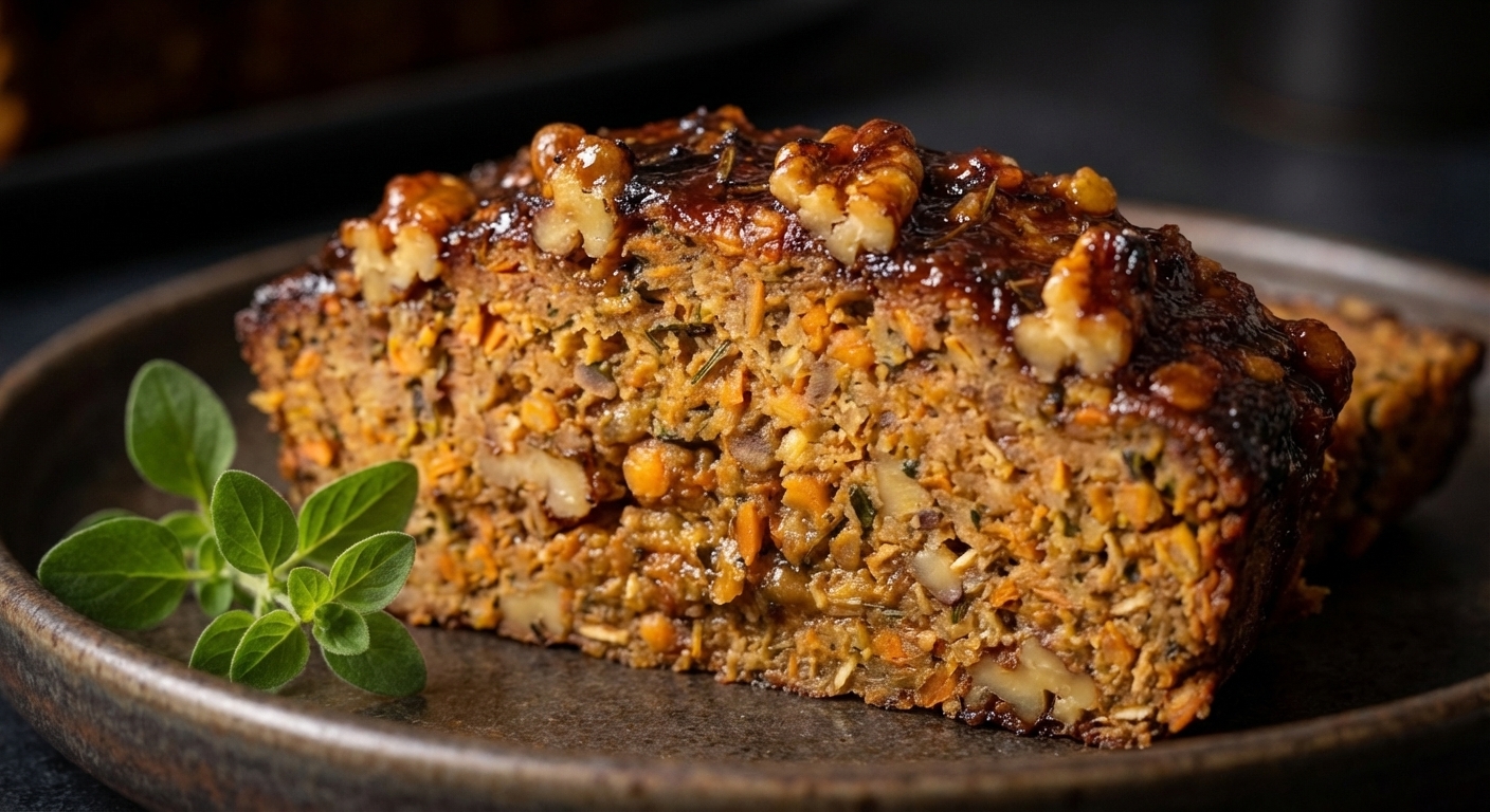 Slices of the hearty walnut and lentil roast