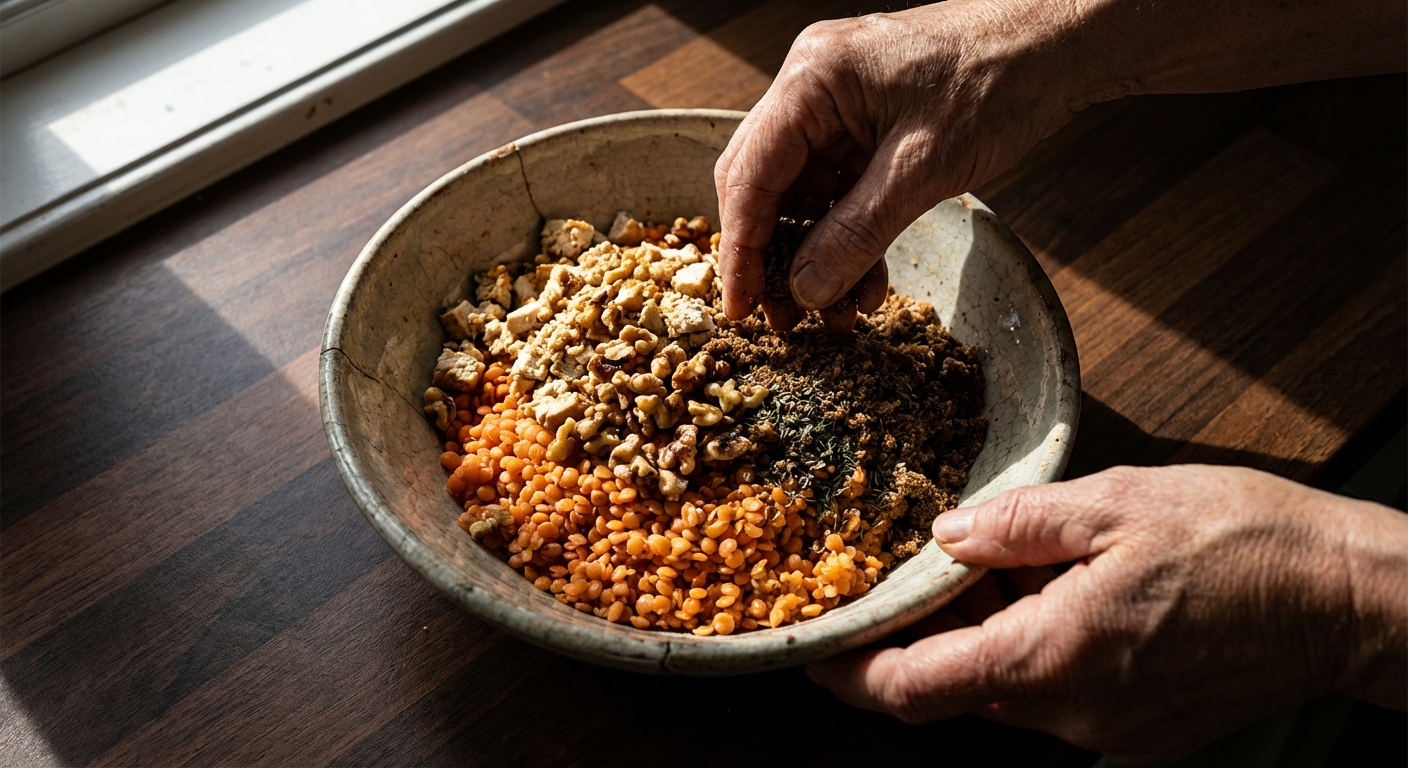 Mixing the lentil and walnut base
