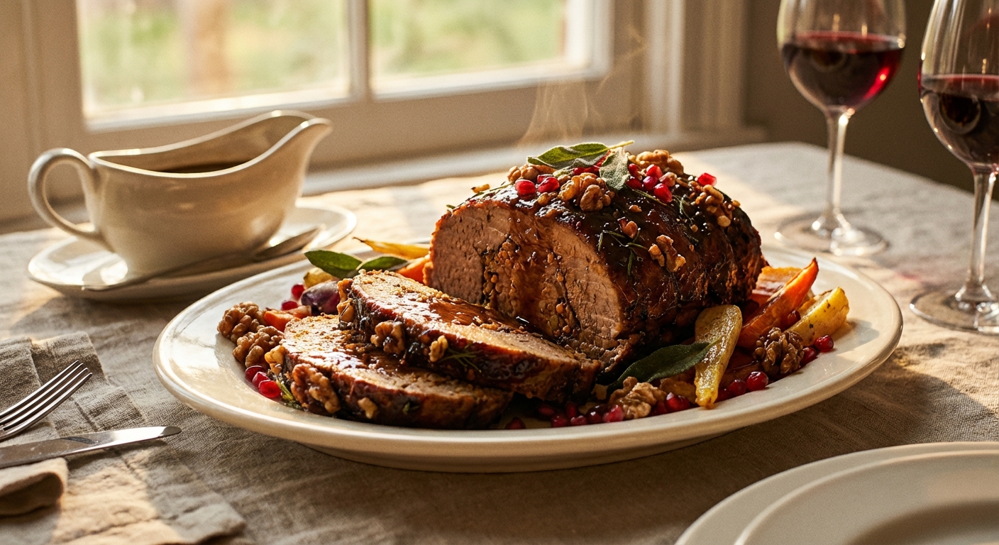 The finished roast resting on a wooden board
