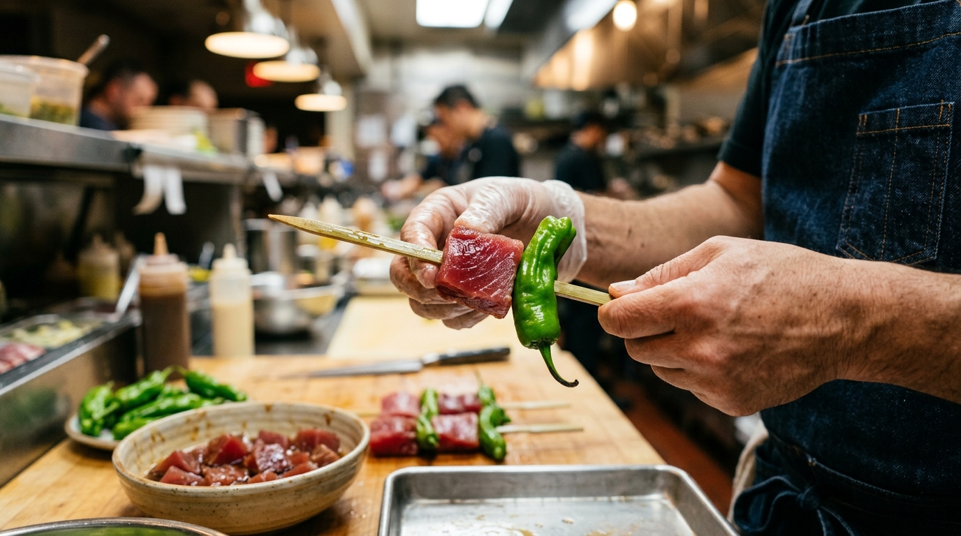 Threading tuna cubes onto bamboo skewers