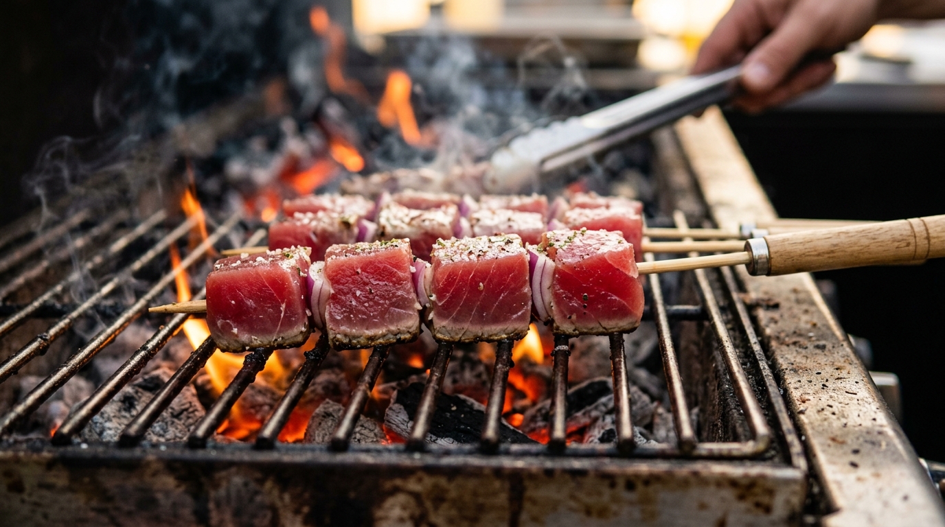 Searing the tuna skewers over intense heat