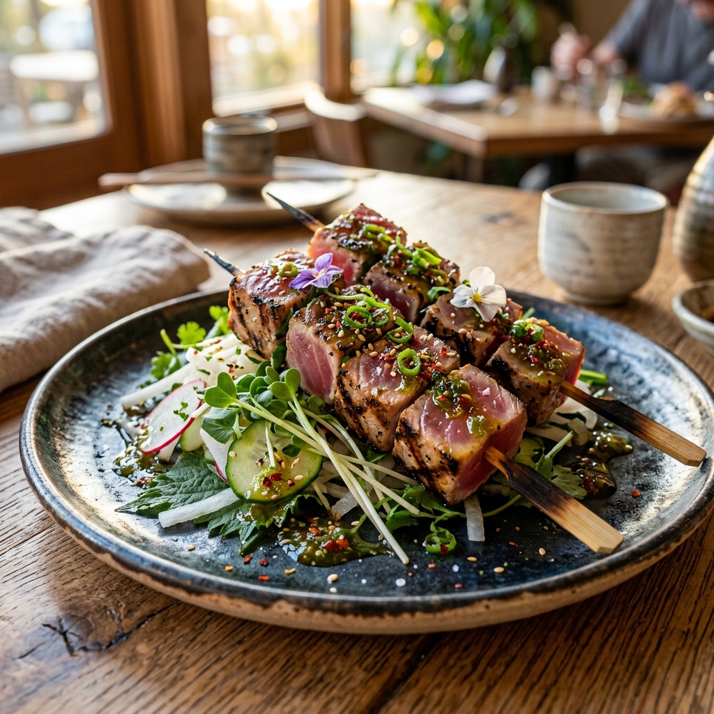 Close-up of the perfectly seared tuna tataki