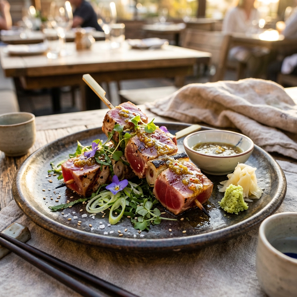 The final plated Tuna Tataki Skewers