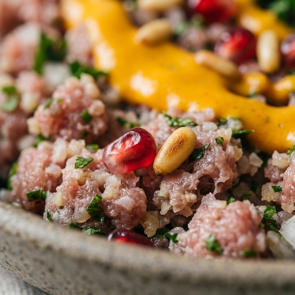 A stunning Israeli-Style Turkey Tartare featuring amba, tahini, and fresh pomegranate seeds
