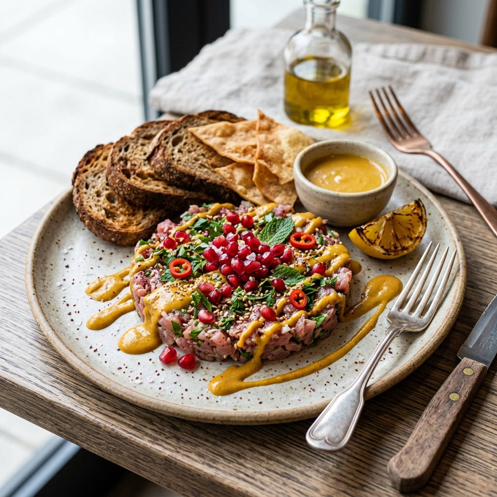 Vibrant amba-tahini sauce drizzled over the dish