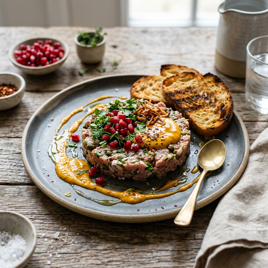 Finished Israeli-style tartare garnished with pomegranate seeds