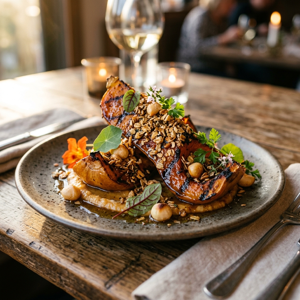 Manuka-Glazed Grilled Butternut with Horopito Macadamia Crumble