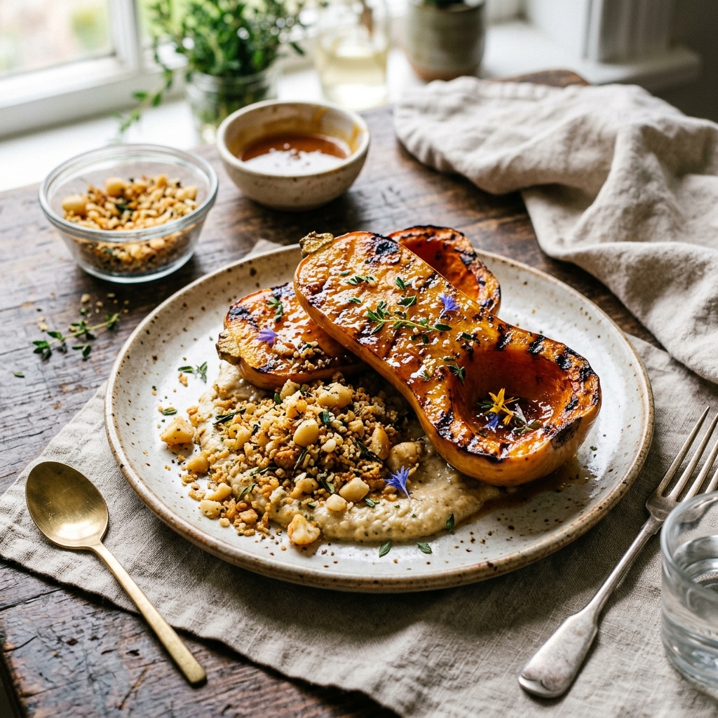 Beautifully plated Manuka-Glazed Grilled Butternut wedges