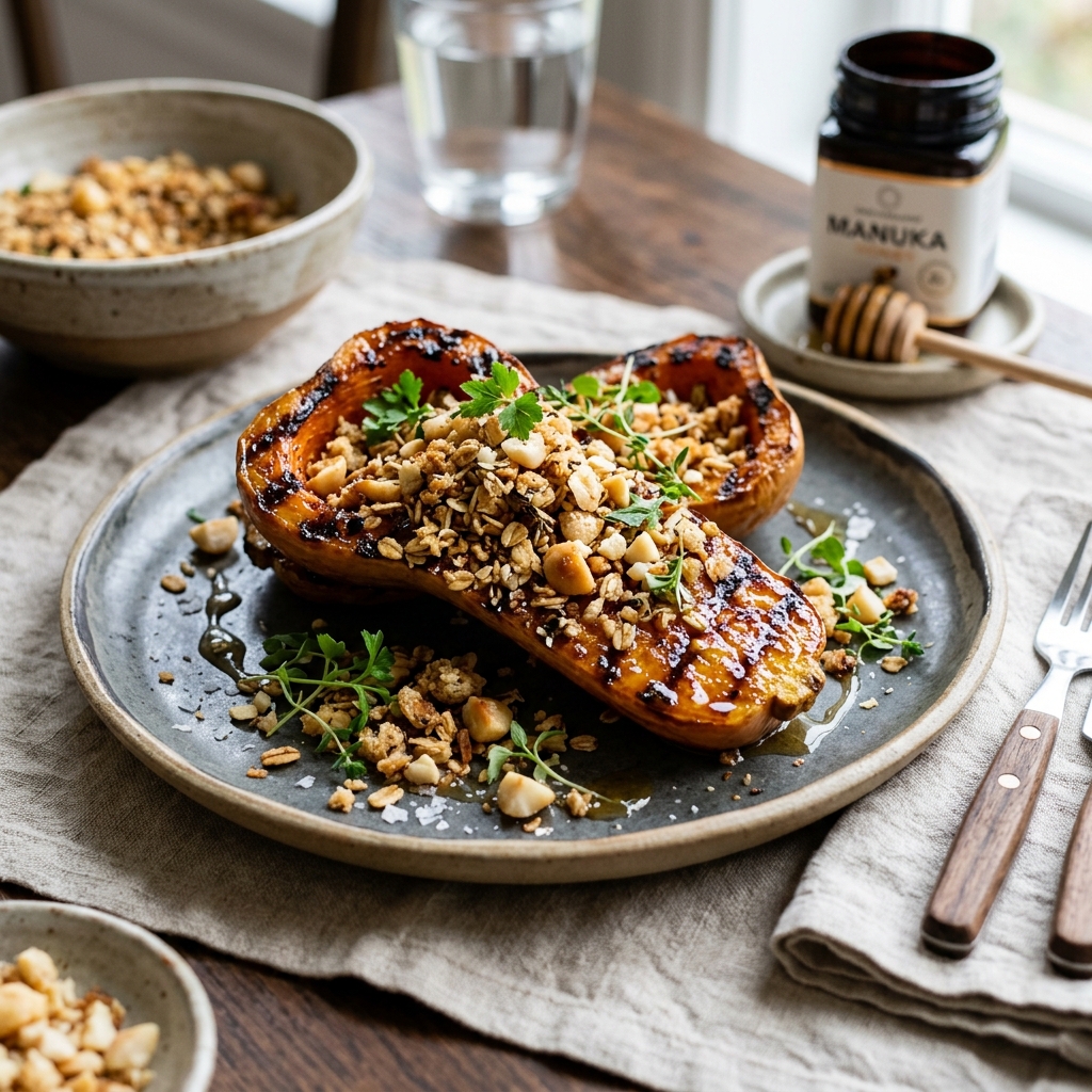 Drizzling the rich Manuka honey glaze over the grilled squash
