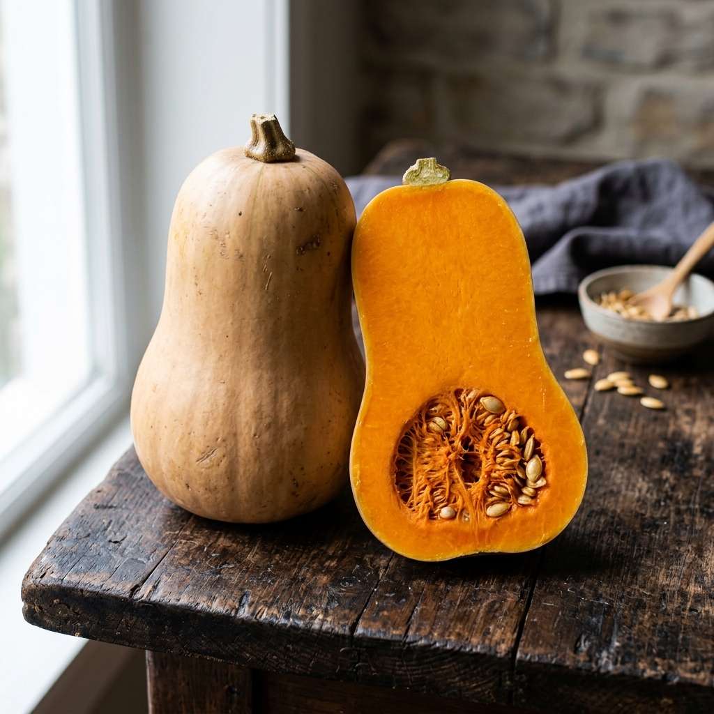 Fresh butternut squash and ingredients