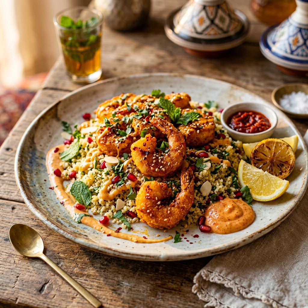 Beautifully plated Moroccan shrimp